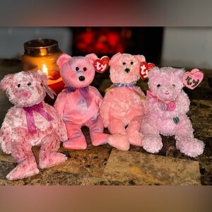 💗✨ Pink TY Beanie Baby Lot – 4 Bears Smitten Clubby 5th Ann Sherbet Radiance